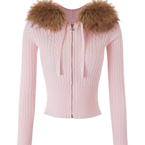 Angel Ruche Fur Trim Strawberry Milk Cable Knit  Cardigan (Pink)